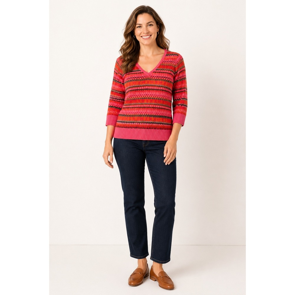 Talbots 100% Merino Wool Fair Isle V-Neck Sweater Pink Orange Boho L Y2K